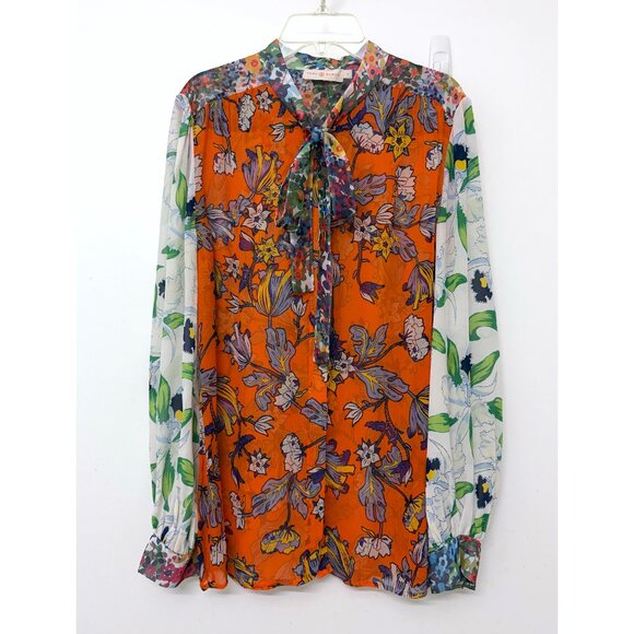 Tory Burch Kia Orange Garden Print Silk Shirt Top Green Floral Tie Neck 8 - Picture 2 of 15